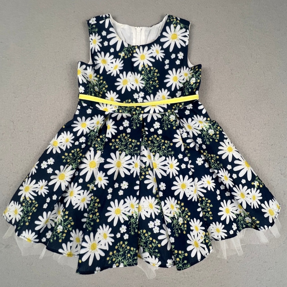 Rare Editions Daisy Dress Toddler Girls 2T Navy Blue Floral Tulle Hem Spring